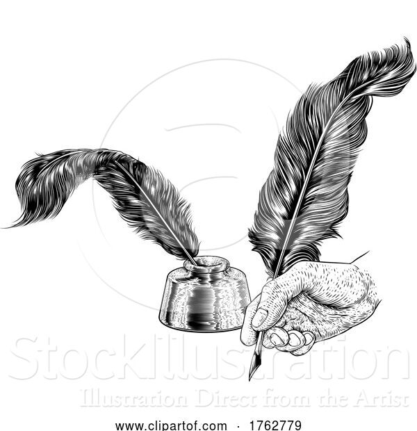 Vector Illustration of Quill Feather Ink Pen Hand Vintage Woodcut Print