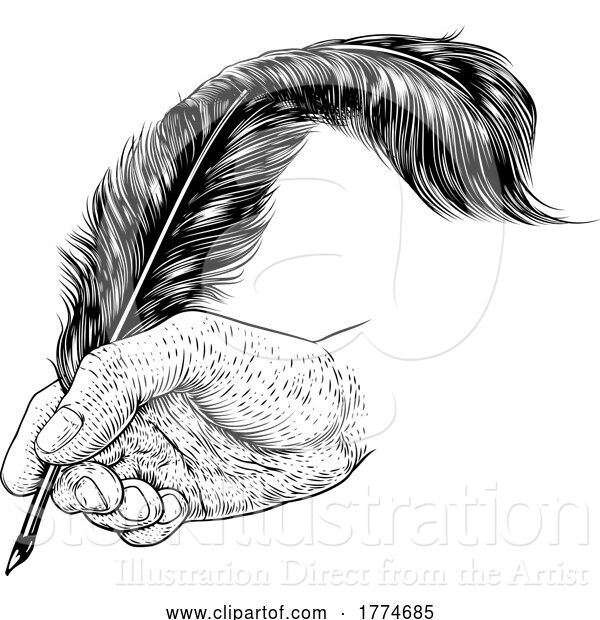 Vector Illustration of Quill Feather Ink Pen Hand Vintage Woodcut Print