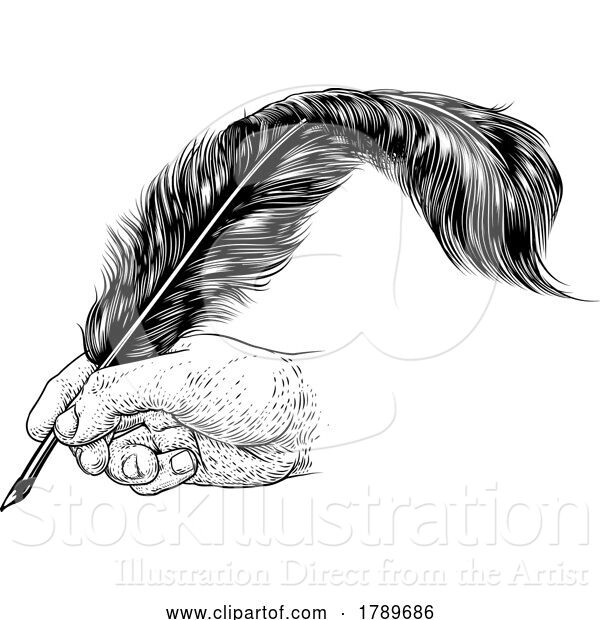 Vector Illustration of Quill Feather Ink Pen Hand Vintage Woodcut Print