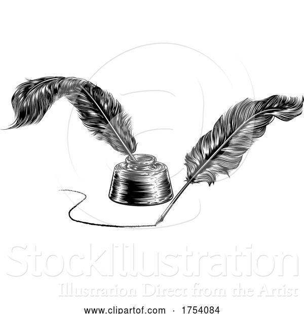 Vector Illustration of Quill Feather Pens and Ink Well