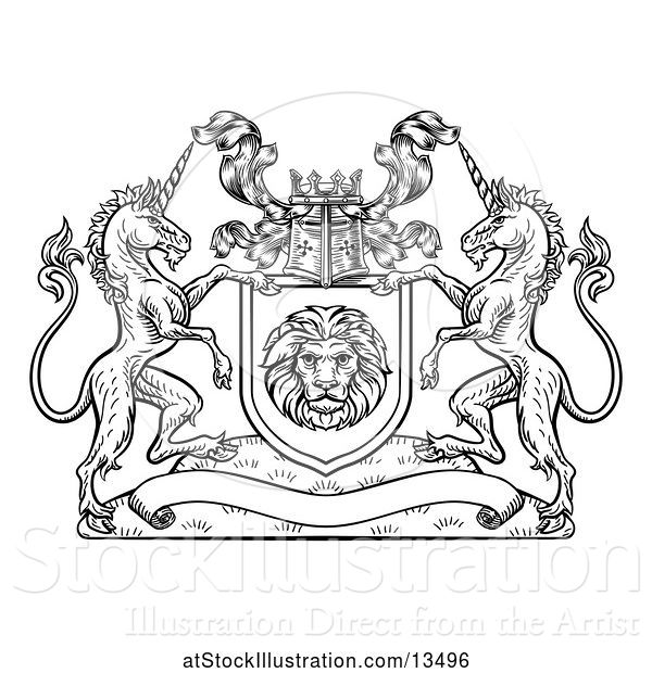 Vector Illustration of Rampant Lion and Unicorn Flanking a Lion Shield over a Banner, Black and White Woodcut