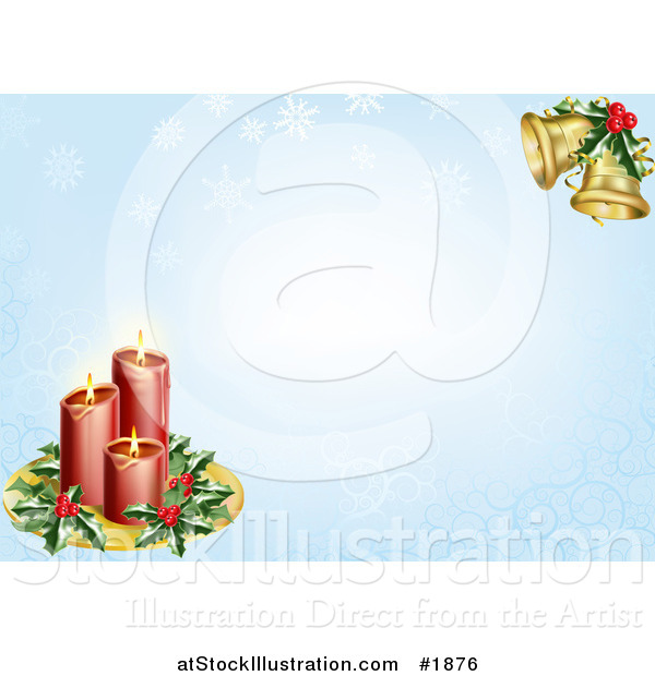 Vector Illustration of Red Candles with Christmas Holly and Bells over a Blue Snowflake Background