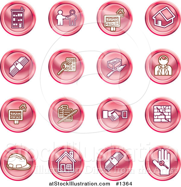 Vector Illustration of Red Icons: Apartments, Handshake, Real Estate, House, Money, Classifieds, Brick Laying, Businessman, Hardhat and a Key