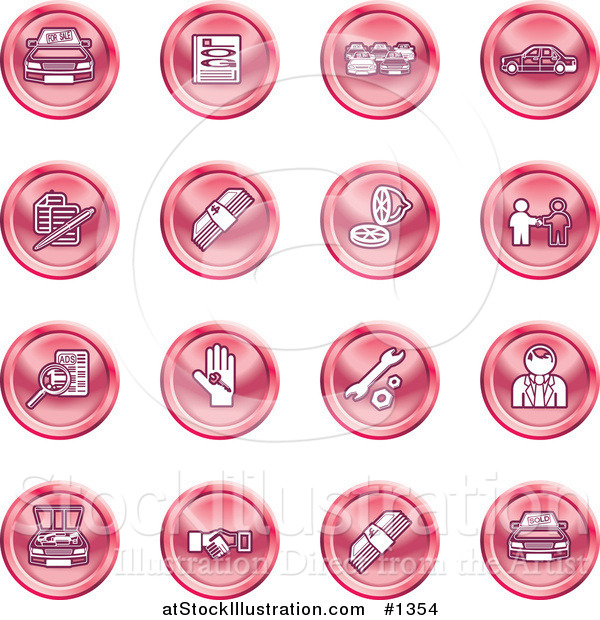 Vector Illustration of Red Icons: Cars, a Log, Cash, Lemon, Dealer, Ads, Key, Wrench, Engine, Handshake and Money