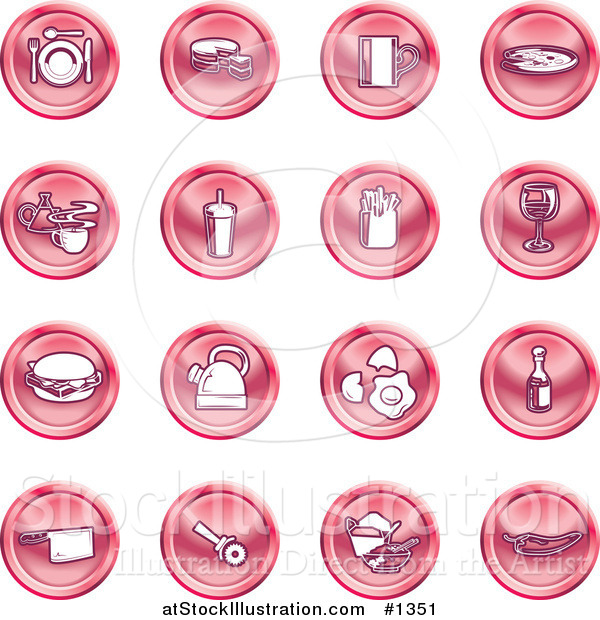 Vector Illustration of Red Icons: Food and Kitchen Items on a White Background