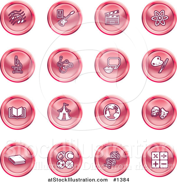 Vector Illustration of Red Icons: Music Notes, Guitar, Clapperboard, Atom, Microscope, Atoms, Messenger, Painting, Book, Circus Tent, Globe, Masks, Sports Balls, and Math