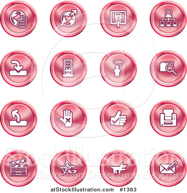 Vector Illustration of Red Icons: Www, Connectivity, Networking, Upload, Downloads, Computers, Messenger, Printing, Clapperboard and Email