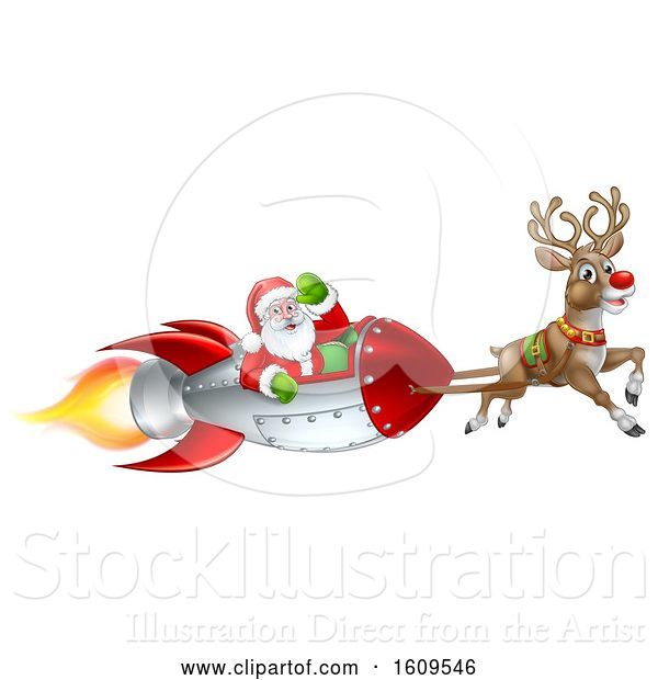 Vector Illustration of Reindeer Flying with Santa in a Rocket
