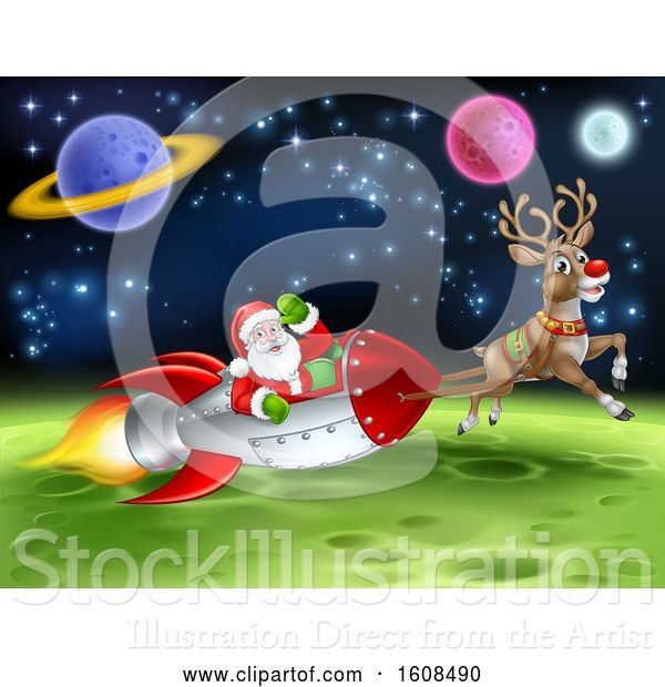 Vector Illustration of Reindeer Flying with Santa in a Rocket over in Outer Space
