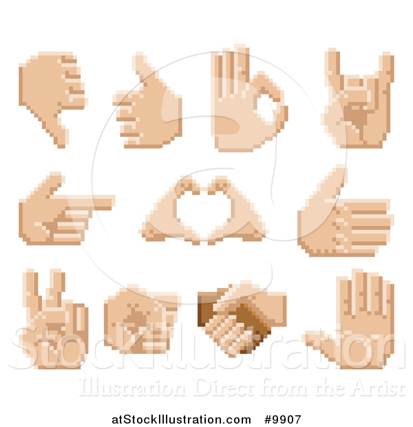Vector Illustration of Retro 8 Bit Pixel Art Styled Hands