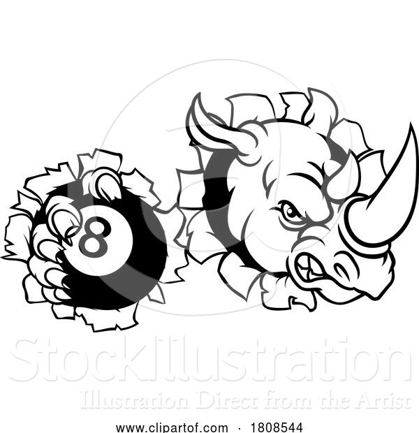 Vector Illustration of Rhino Angry Pool 8 Ball Billiards Mascot