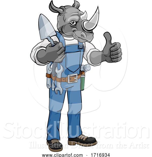 Vector Illustration of Rhino Bricklayer Builder Holding Trowel Tool