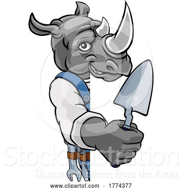 Vector Illustration of Rhino Bricklayer Builder Holding Trowel Tool