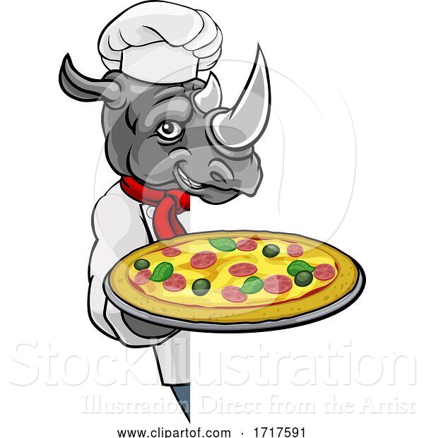 Vector Illustration of Rhino Pizza Chef Restaurant Mascot Sign