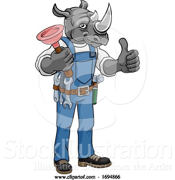 Vector Illustration of Rhino Plumber Mascot Holding Plunger