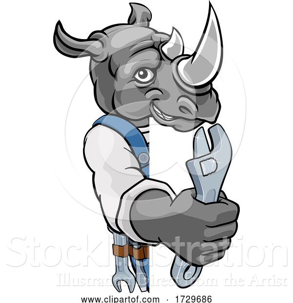 Vector Illustration of Rhino Plumber or Mechanic Holding Spanner