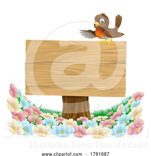 Vector Illustration of Robin Bird Wooden Background Sign