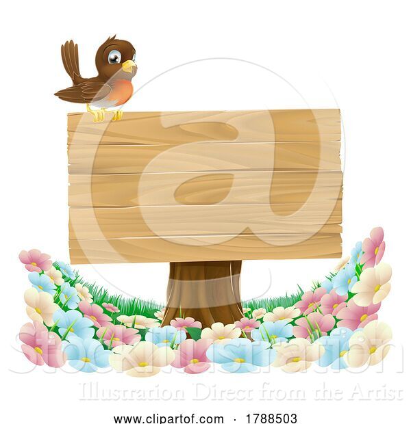 Vector Illustration of Robin Bird Wooden Background Sign