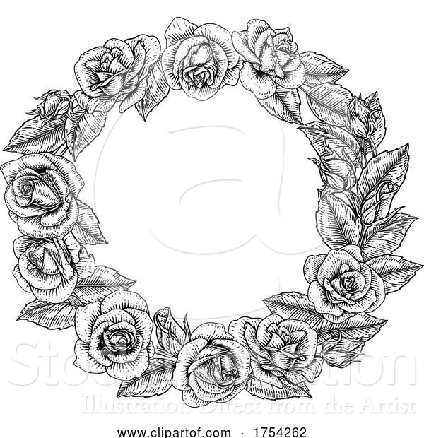 Vector Illustration of Rose Flower Border Woodcut Vintage Circle Frame