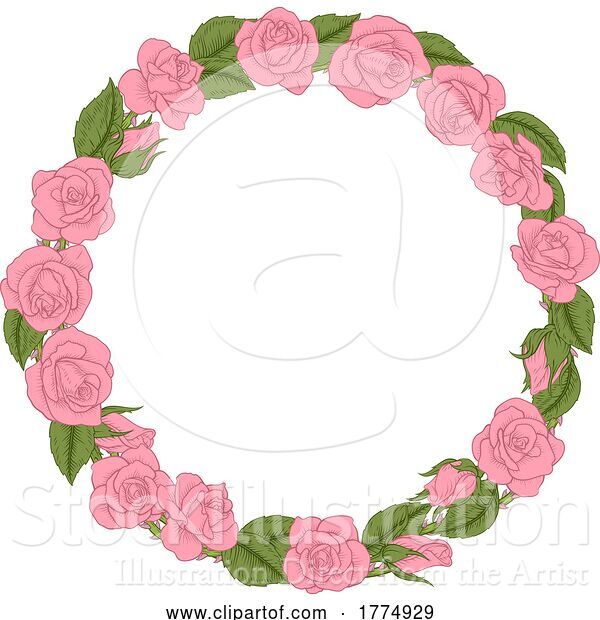 Vector Illustration of Roses Woodcut Vintage Style Flower Circle Wreath
