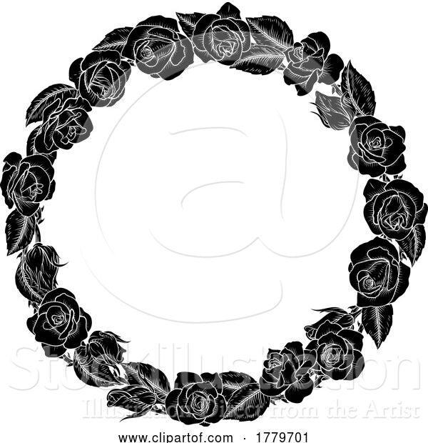 Vector Illustration of Roses Woodcut Vintage Style Flower Circle Wreath