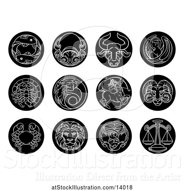Vector Illustration of Round Black and White Zodiac Astrology Horoscope Star Signs