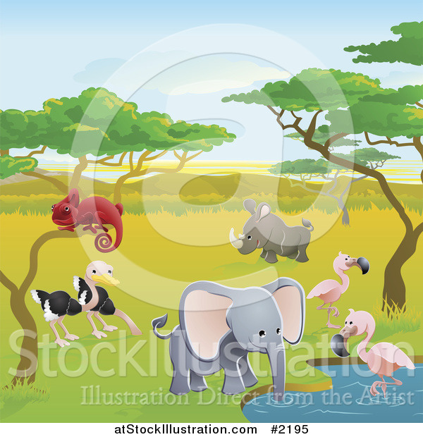 Vector Illustration of Safari Animals at a Watering Hole