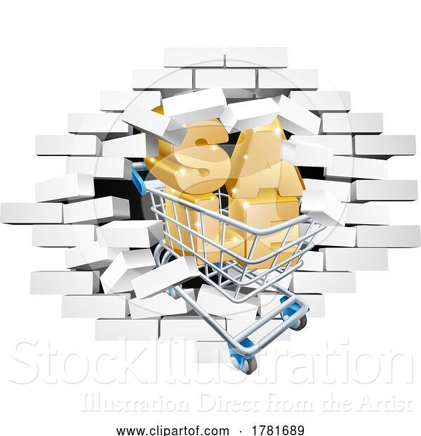 Vector Illustration of Sale Shopping Cart Breaking Wall