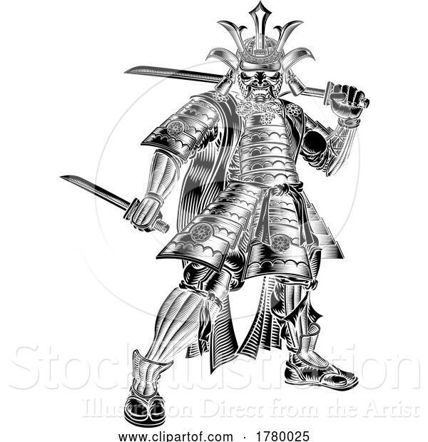 Vector Illustration of Samurai Japanese Warrior Vintage Etching Art Style