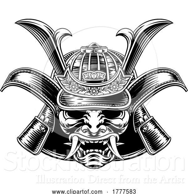 Vector Illustration of Samurai Mask Helmet Vintage Etching Woodcut Style