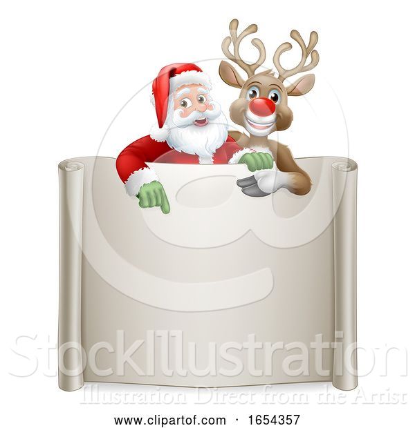 Vector Illustration of Santa Claus and Reindeer Christmas Scroll Sign