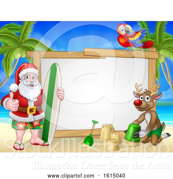 Vector Illustration of Santa Claus and Reindeer Surf Beach Christmas Sign