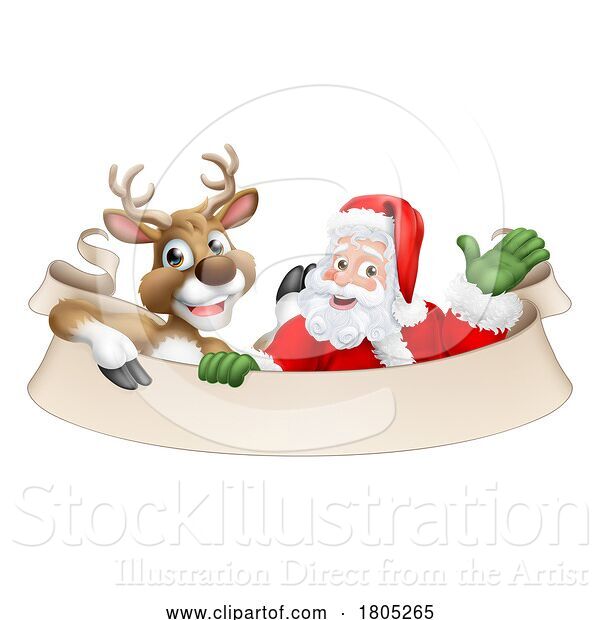 Vector Illustration of Santa Claus Father Christmas Reindeer Scroll Sign