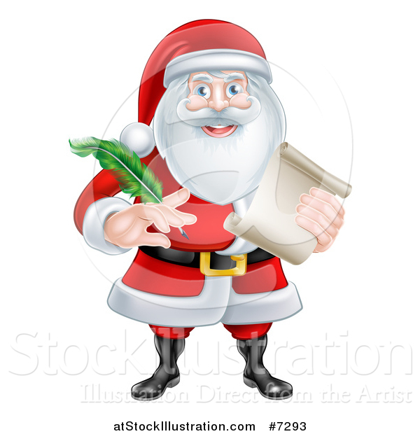 Vector Illustration of Santa Claus Holding a Feather Pen and Scroll List