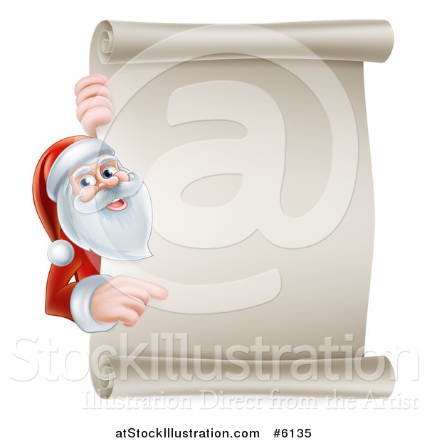 Vector Illustration of Santa Claus Pointing Around a Blank Christmas Scroll Sign