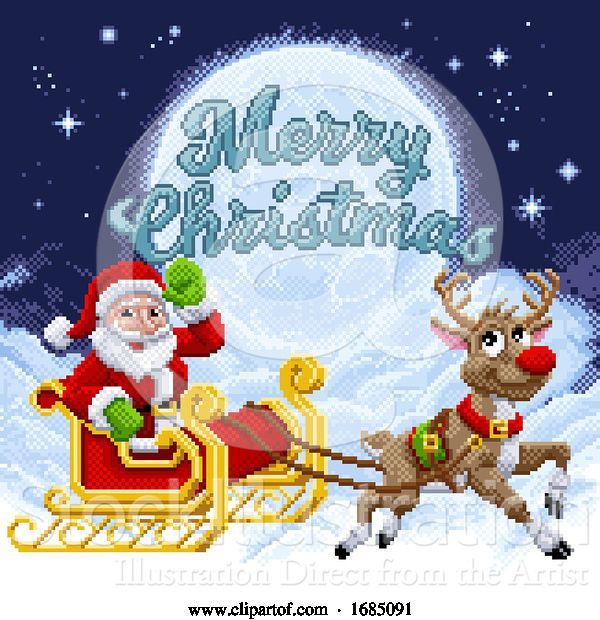 Vector Illustration of Santa Claus Reindeer Sleigh Christmas Pixel Art