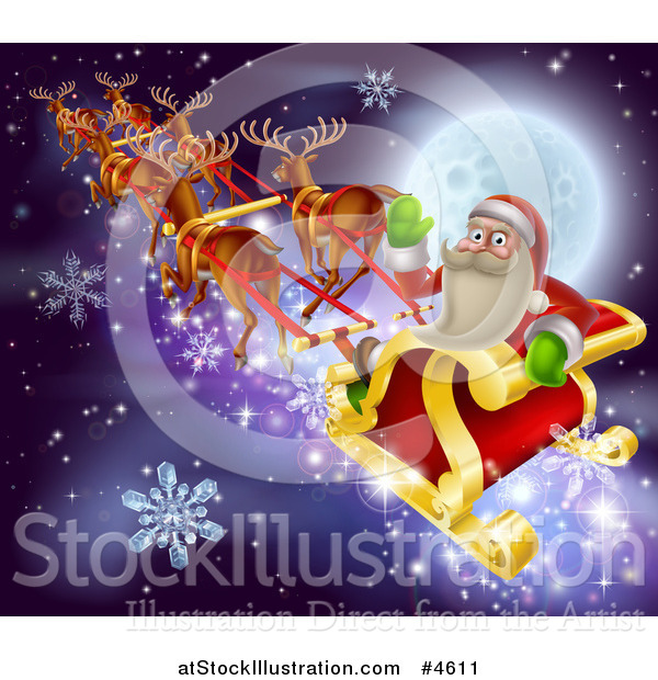 Vector Illustration of Santa Claus Waving and Riding His Sleigh over a Full Moon