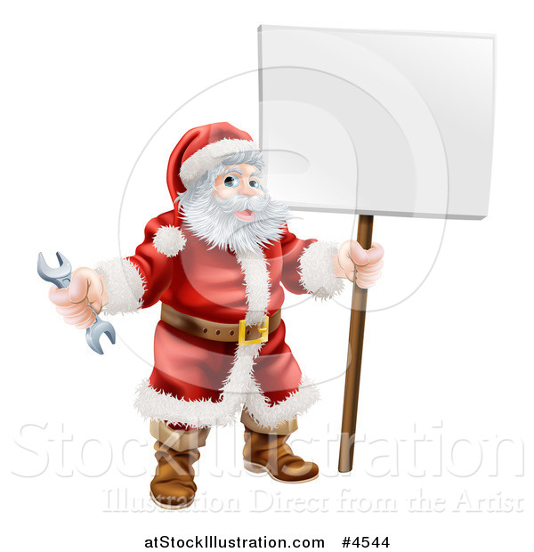 Vector Illustration of Santa Holding a Spanner Wrench and Sign