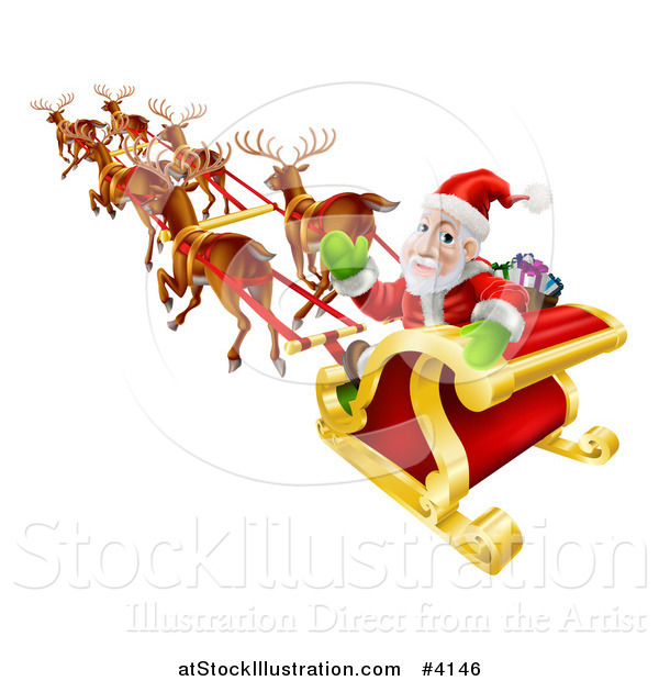 Vector Illustration of Santa Looking Back and Waving While Flying in His Magic Reindeer Sleigh