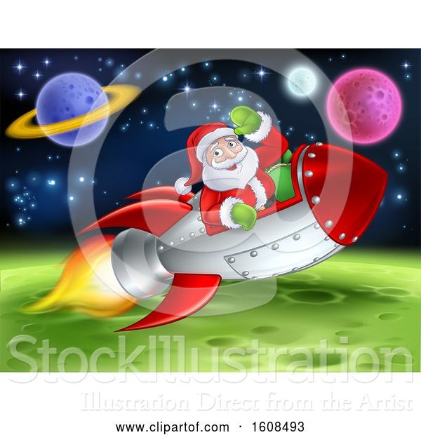 Vector Illustration of Santa Riding a Rocket in Outer Space