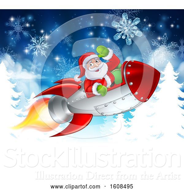 Vector Illustration of Santa Riding in a Rocket over Trees and Snowflakes