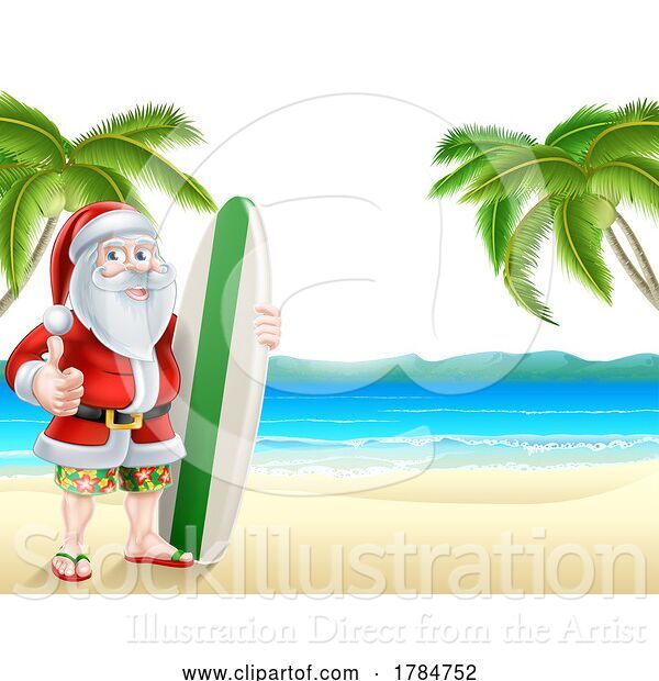 Vector Illustration of Santa Surfing Christmas Tropical Summer Beach