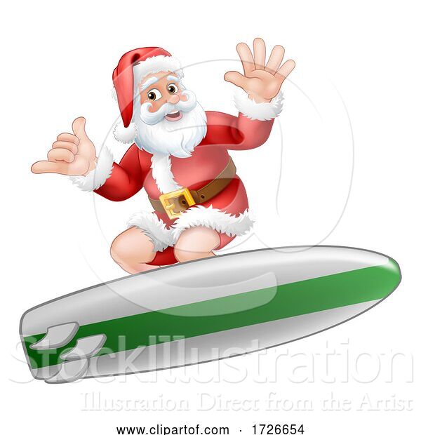 Vector Illustration of Santa Surfing on Surf Board Shaka Hand