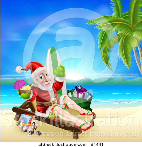 Vector Illustration of Santa Waving and Holding a Cocktail While Lounging on a Beach with Vacation Items 2