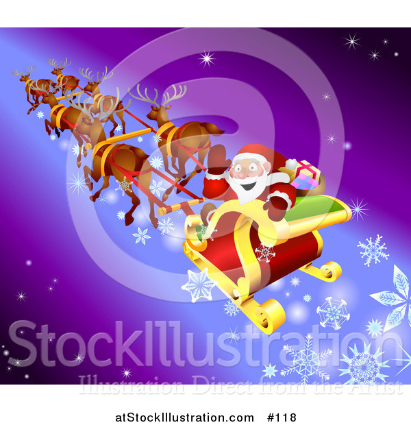 Vector Illustration of Santa Waving While Flying by in His Sleigh with His Reindeer