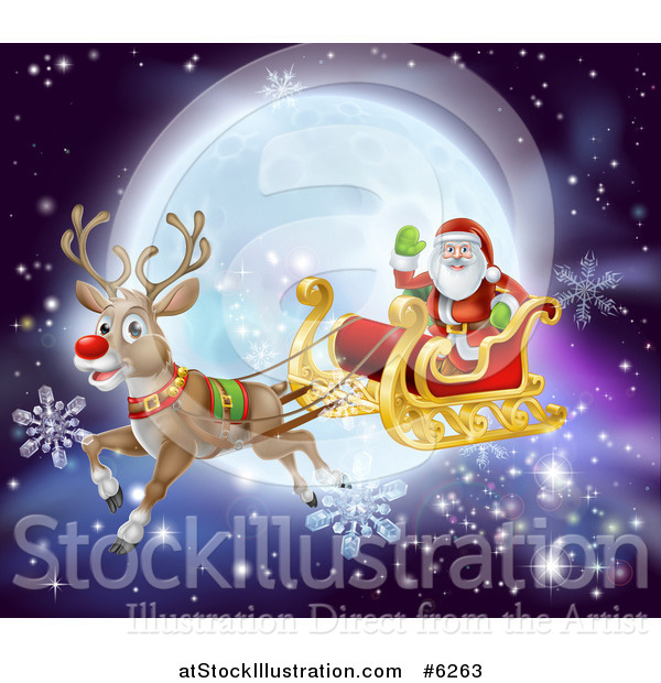 Vector Illustration of Santa Waving While Flying in a Sleigh Led by Rudolph the Red Nosed Reindeer, with Snowflakes and a Full Moon