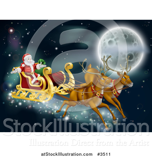 Vector Illustration of Santas Magic Reindeer and Sleigh Flying near the Moon on Christmas Eve