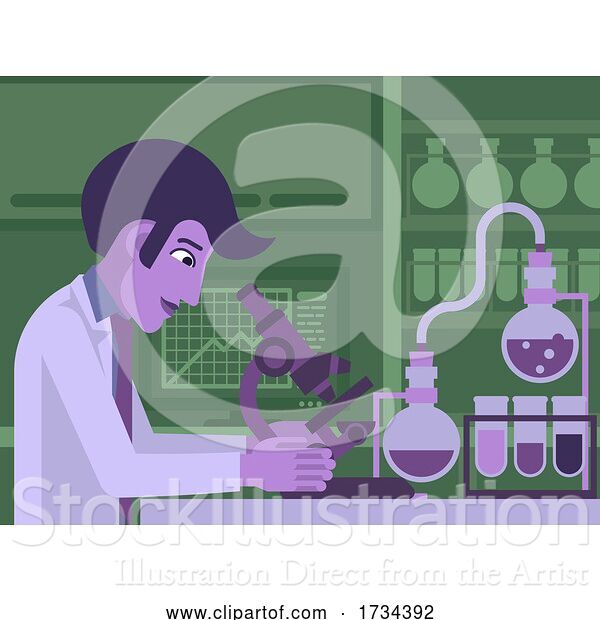 Vector Illustration of Scientist Working in Laboratory with Microscope