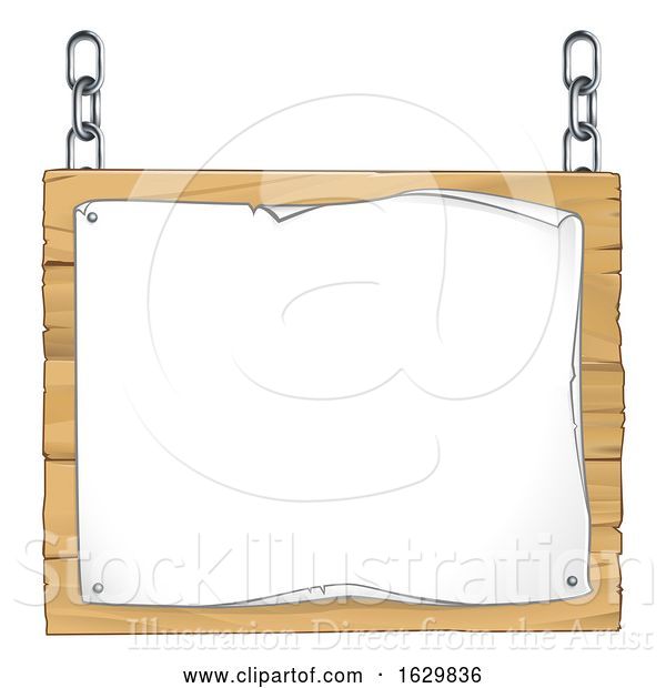 Vector Illustration of Scroll Wooden Sign Hanging from Chains