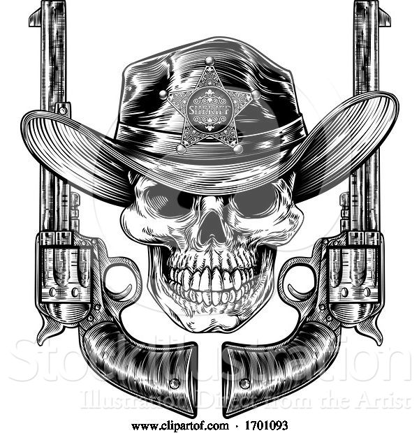 Vector Illustration of Sheriff Cowboy Skull and Pistols